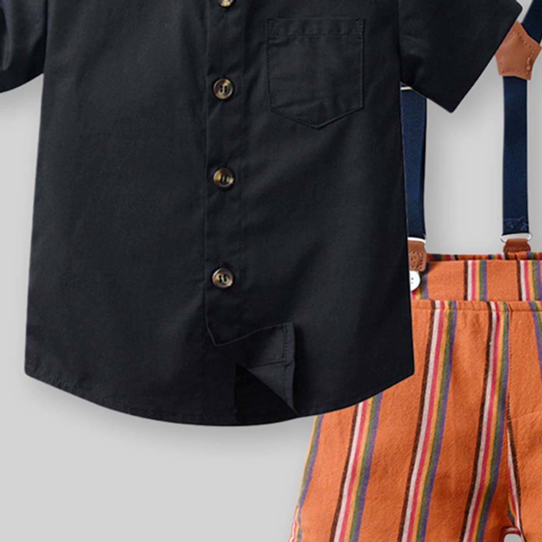 Boys Black Short Sleeve Shirt With Suspender Striped Shorts 2 pc. Sets   