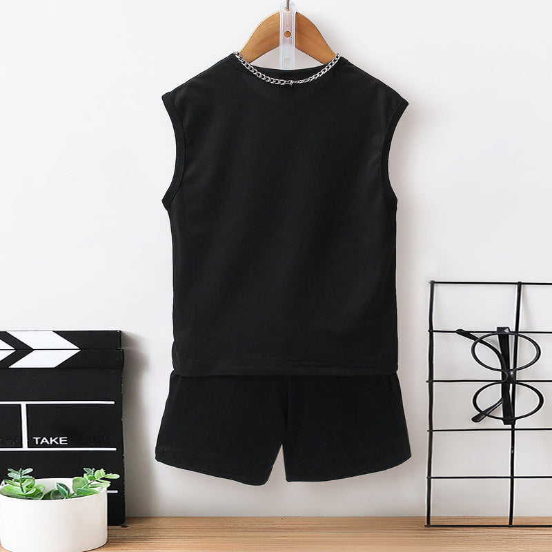 Boys Black Dinosaur Printed Sleeveless T-Shirt With Shorts Set 2 pc. Sets