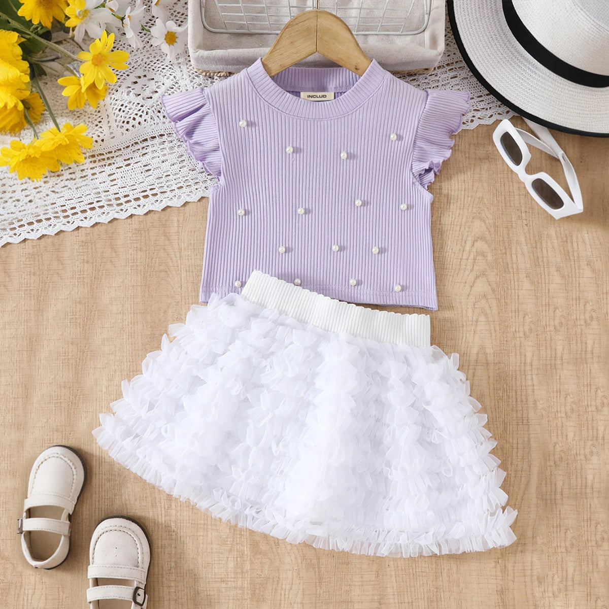 Girls Purple Pearl Embellished Top With Ruffled Tulle Skirts Set Sets Purple 3-4 Y