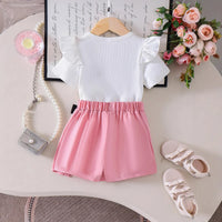Girls White Flutter Sleeve Rose Bow Shorts Sets 2 pc. Sets