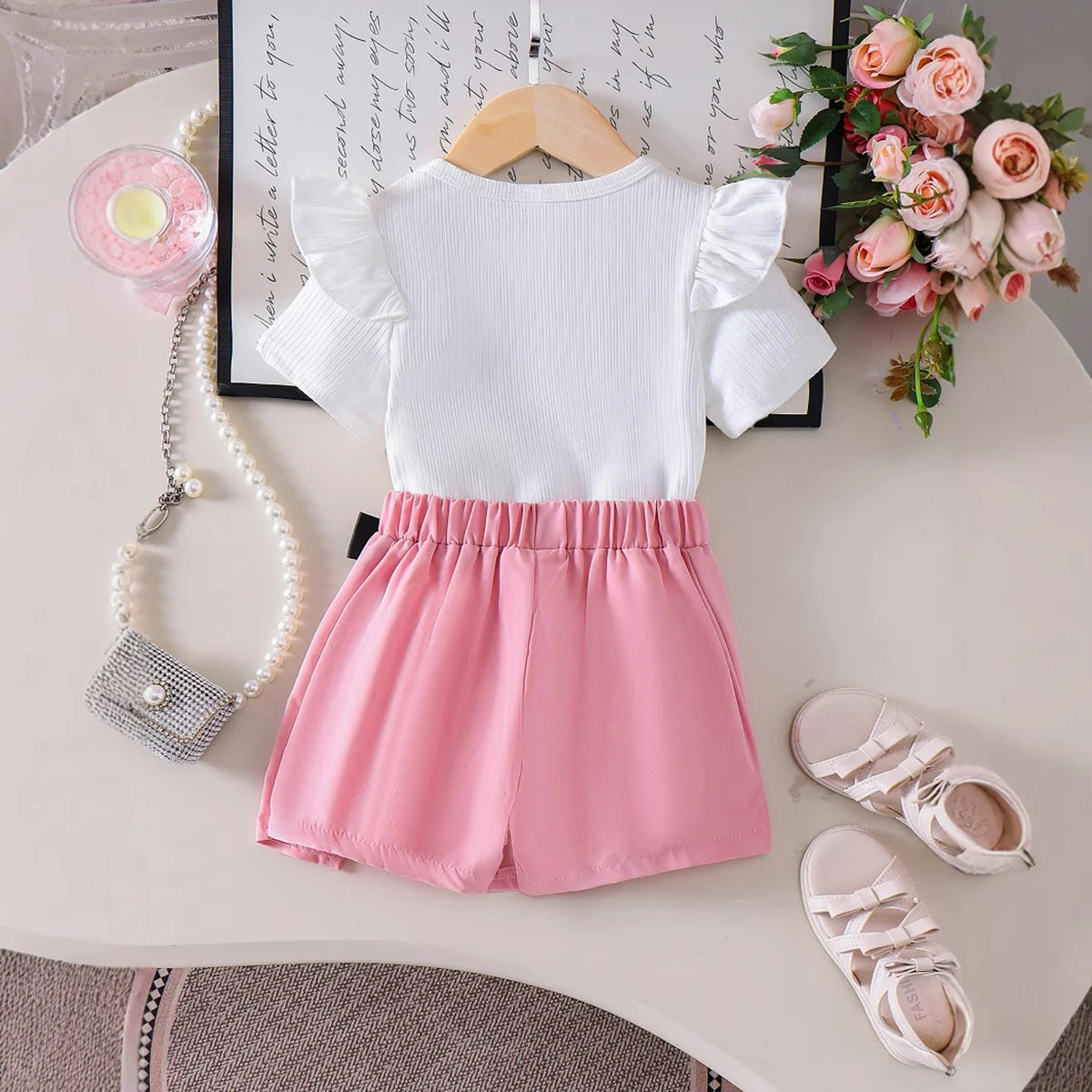 Girls White Flutter Sleeve Rose Bow Shorts Sets 2 pc. Sets
