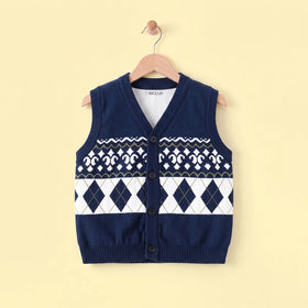 Girls Navy Blue Self-Design Argyle Pattern Button-up Cardigan Sweaters & Cardigans Navy Blue 2-3 Y