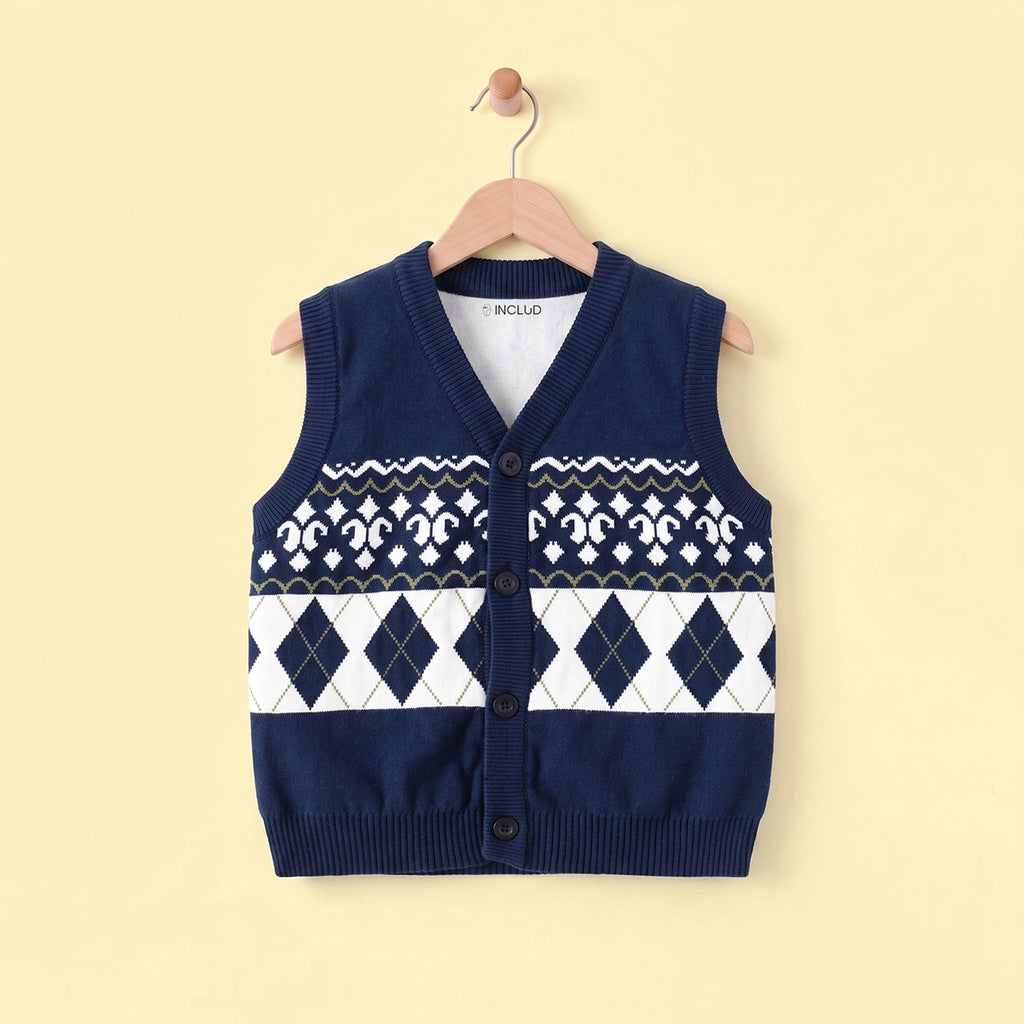Girls Navy Blue Self-Design Argyle Pattern Button-up Cardigan Sweaters & Cardigans Navy Blue 2-3 Y