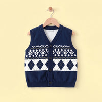 Girls Navy Blue Self-Design Argyle Pattern Button-up Cardigan Sweaters & Cardigans Navy Blue 2-3 Y