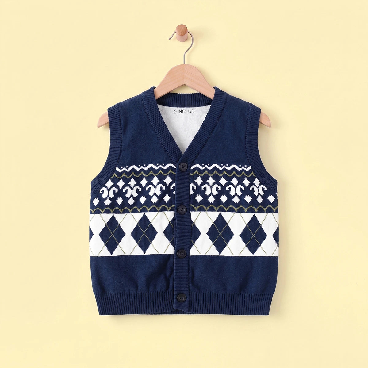 Girls Navy Blue Self-Design Argyle Pattern Button-up Cardigan Sweaters & Cardigans Navy Blue 2-3 Y
