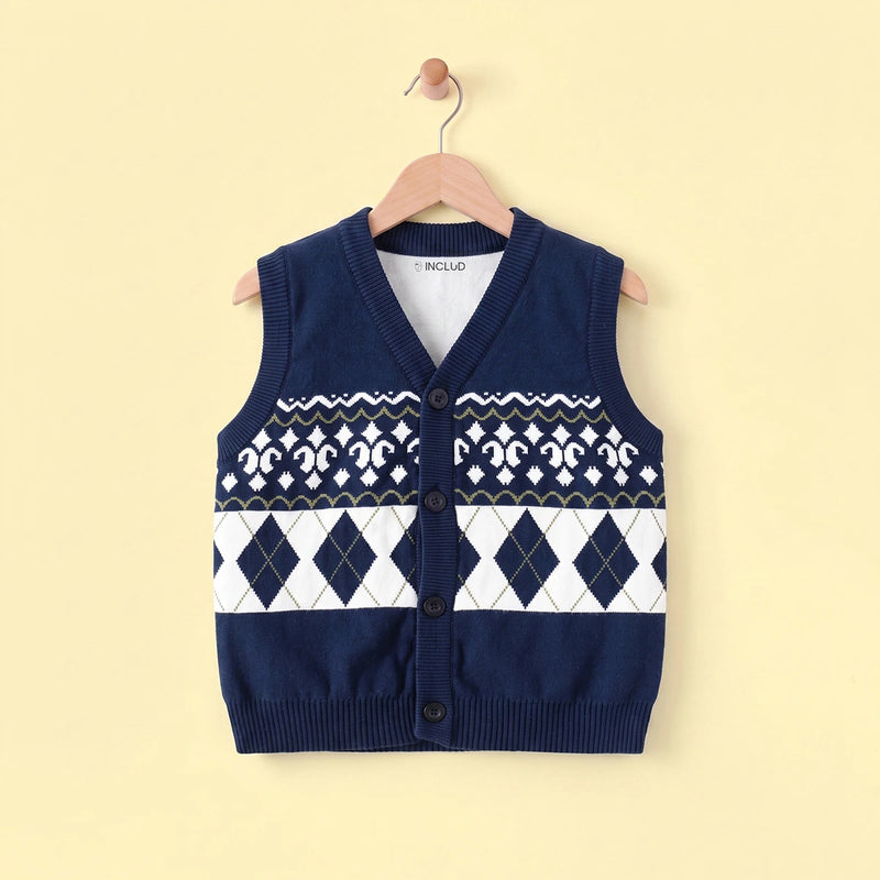 Girls Navy Blue Self-Design Argyle Pattern Button-up Cardigan Sweaters & Cardigans Navy Blue 2-3 Y