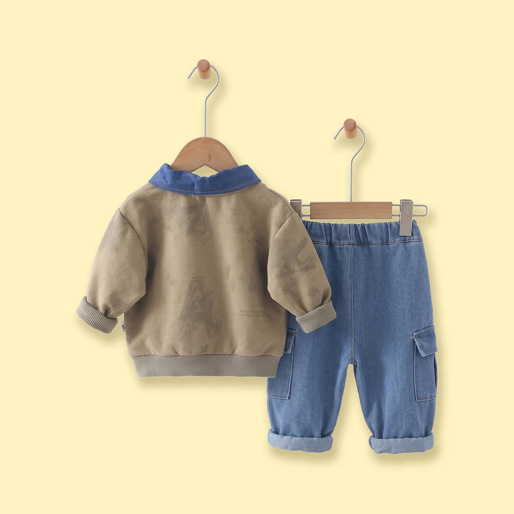 Boys Khaki Abstract Polo Sweatshirt & Denim Cargo Pants Sets Sets