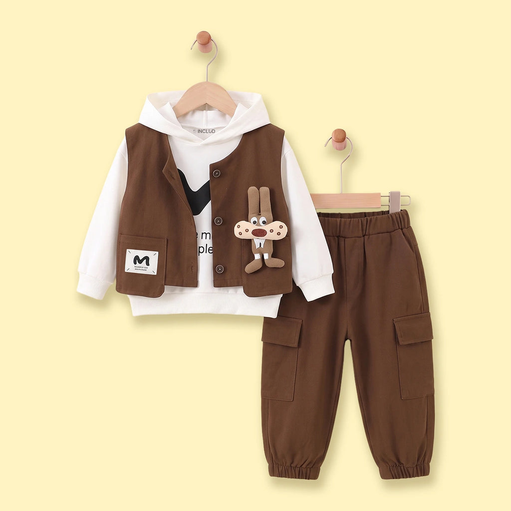 Boys Brown Vest & Pants With Hoodie Sets 3 pc. Sets Brown 1-2 Y