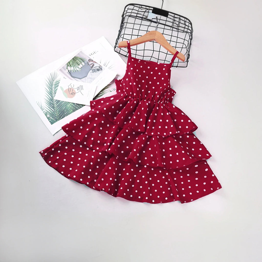 Girls Maroon Polka Dot Print Sleeveless Layered Dress Casual Dresses Maroon 3-4 Y