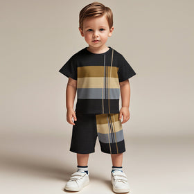 Boys Black Stripes Print Short Sleeve T-Shirt With Shorts Set 2 pc. Sets Black 3-4 Y