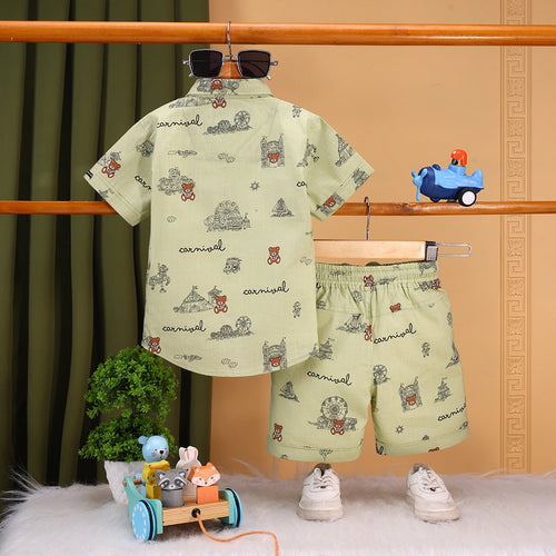 Boys Green Carnival Print Short Sleeve Shirt With T-Shirt And Shorts Sets 3 pc. Sets