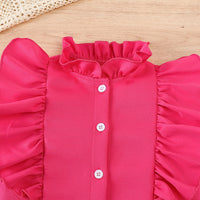 Girls Fuchsia Long Sleeves Ruffled Neck Top With Pants Set 2 pc. Sets