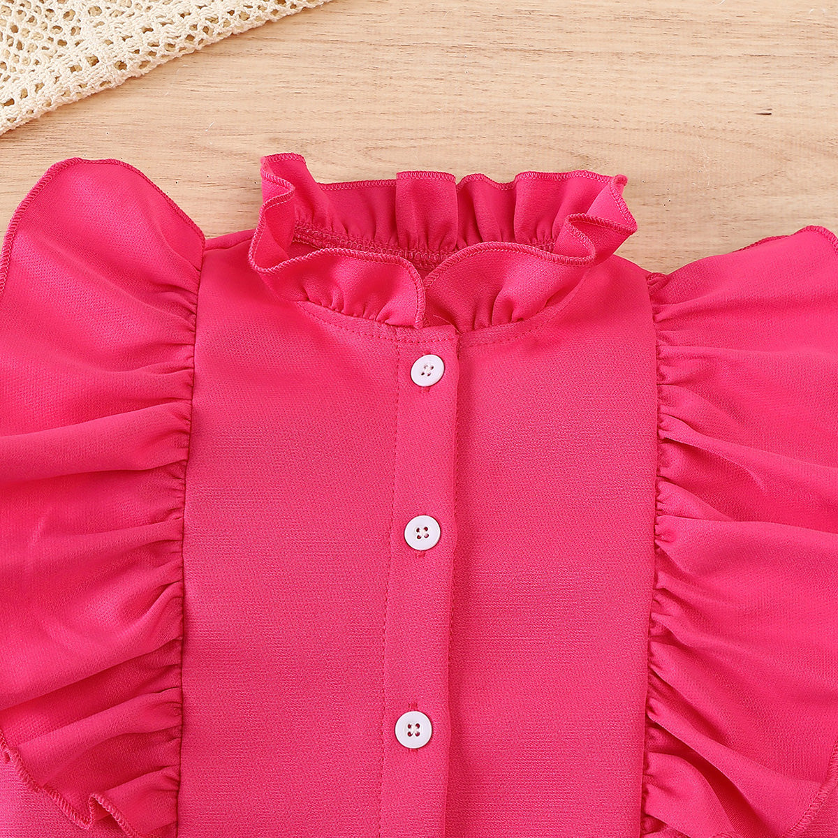 Girls Fuchsia Long Sleeves Ruffled Neck Top With Pants Set 2 pc. Sets