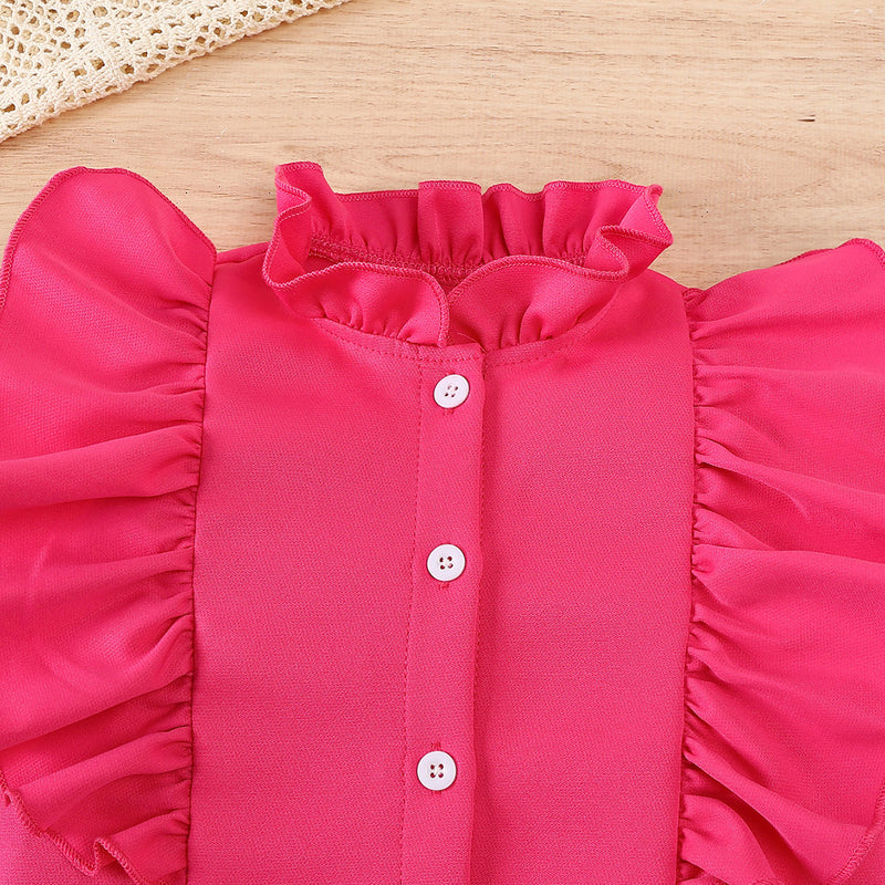 Girls Fuchsia Long Sleeves Ruffled Neck Top With Pants Set 2 pc. Sets