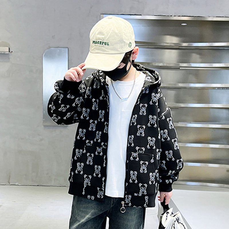 Boys Black Teddy Printed Hooded Front Zipper Winter Jacket Sweatshirts & Hoodies