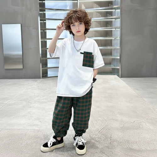 Boys White Oversized T-Shirt With Checked Joggers Sets Sets White 5-6 Y