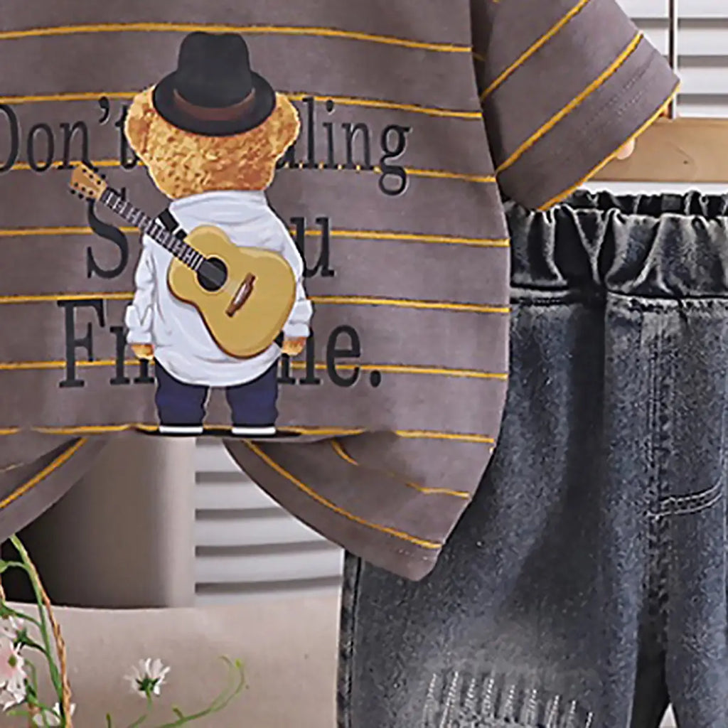 Boys Brown Striped Bear Graphic T-Shirt With Denim Shorts Sets 2 pc. Sets