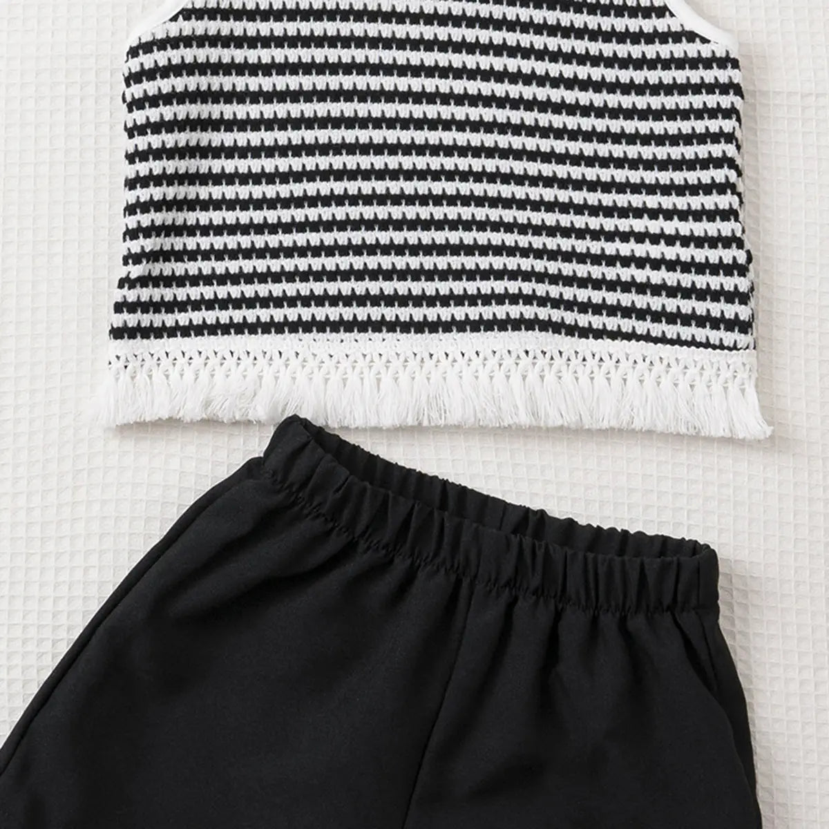 Girls Black Self Design Stripes Sleeveless Top With Shorts Set Sets