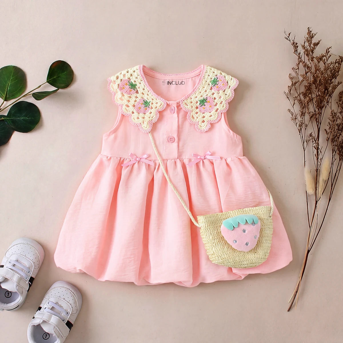 Girls Pink Strawberry Crochet Collar Sleeveless Fit & Flare Dress Casual Dresses Pink 1-2 Y