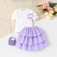 Girls White Textured Short Sleeve Top With Skirt Sets 2 pc. Sets