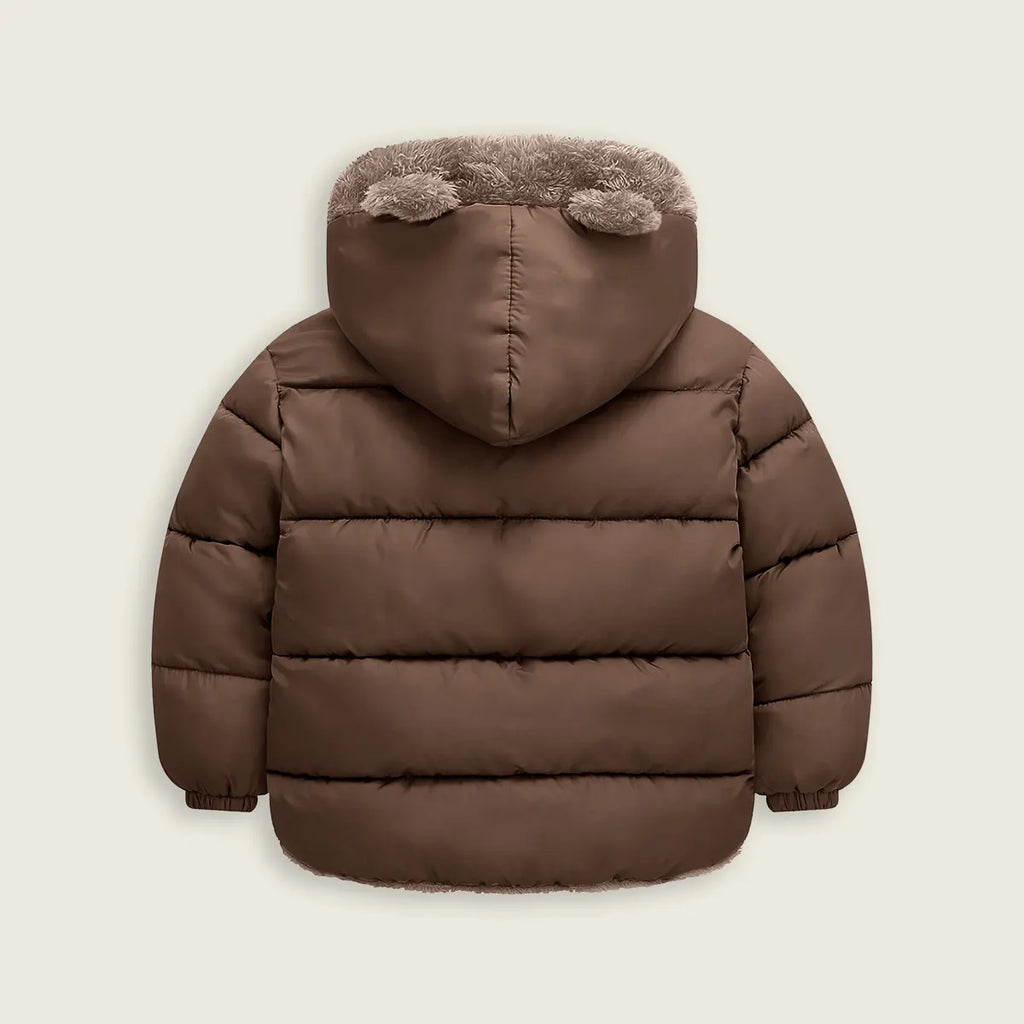 Boys Brown Zip-up Puffer Jacket With Bear Ear On Hood Coats & Jackets