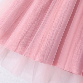 Girls Pink Puff Sleeve Bow Applique Fit & Flare Dress Casual Dresses