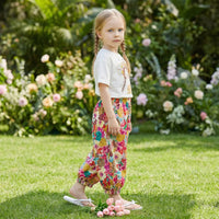 Girls Off White Graphics Short Sleeves Top With Printed Elasticated Hem Pants Set Sets