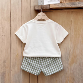 Boys Short Sleeve Dinosaur Print T-Shirt With Green Checked Shorts Sets 2 pc. Sets