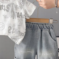 Boys Off White Typographic Printed Short Sleeve T-shirt With Denim Shorts Sets 2 pc. Sets