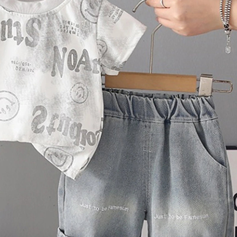 Boys Off White Typographic Printed Short Sleeve T-shirt With Denim Shorts Sets 2 pc. Sets