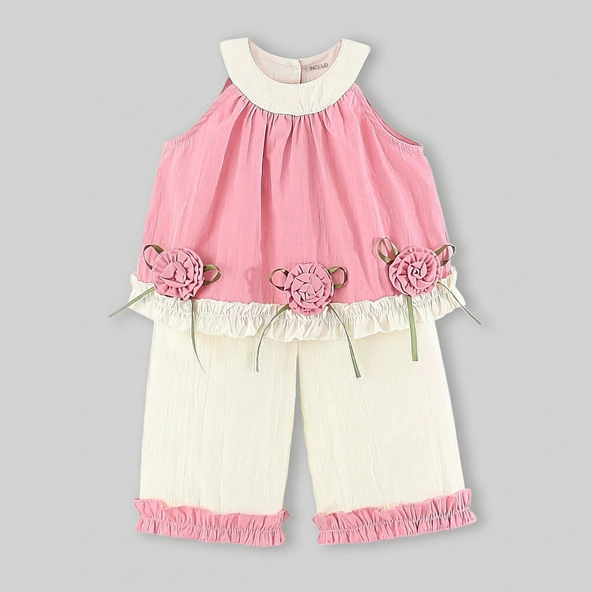 Girls Pink Rose Applique Top With Pants Sets Sets