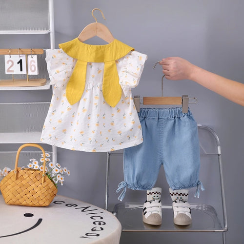 Girls Yellow Floral Printed Short Sleeve Top With Elasticated Shorts Sets 2 pc. Sets