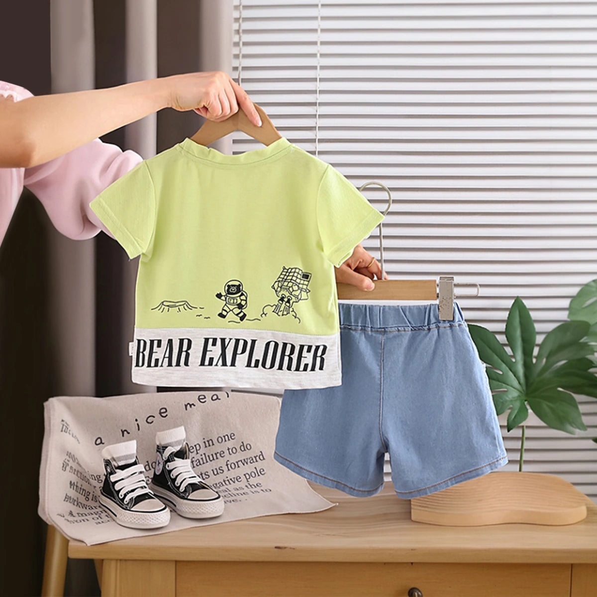 Boys Lime Green Graphics T-Shirt With Denim Shorts Set Sets