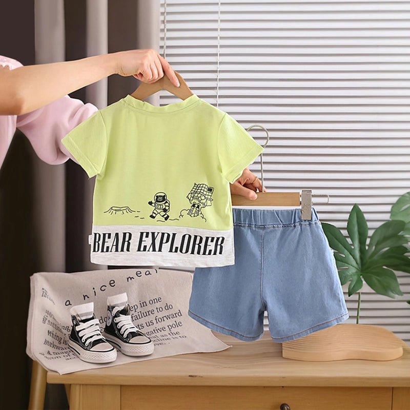 Boys Lime Green Graphics T-Shirt With Denim Shorts Set Sets