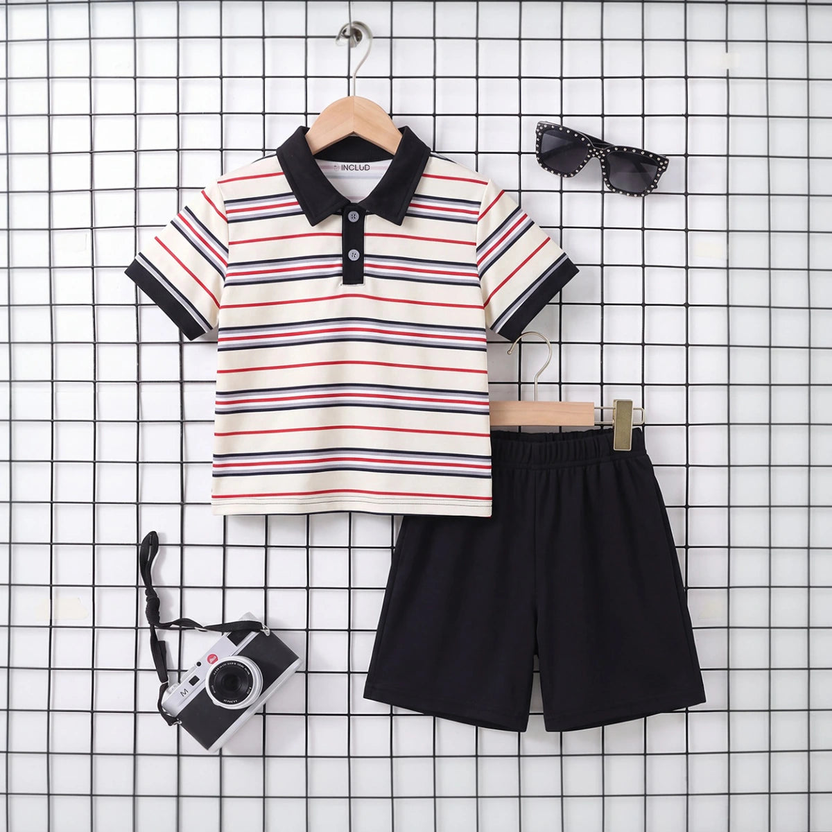 Boys Multicolour Striped Short Sleeve Polo T-Shirt With Shorts Sets 2 pc. Sets Multicolor 3-4 Y