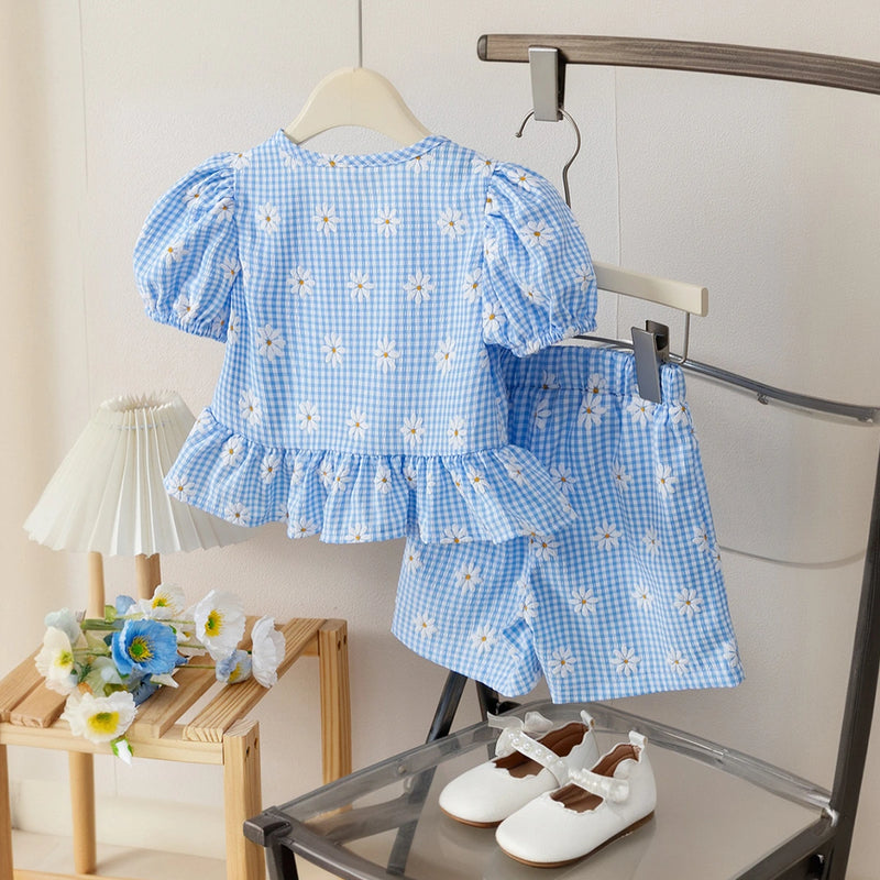 Girls Blue Floral Printed Peplum Top With Elasticated Shorts Sets 2 pc. Sets