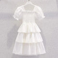 Girls Puff Sleeves Elasticated Smocking Tiered Dress Casual Dresses White 4-5 Y 