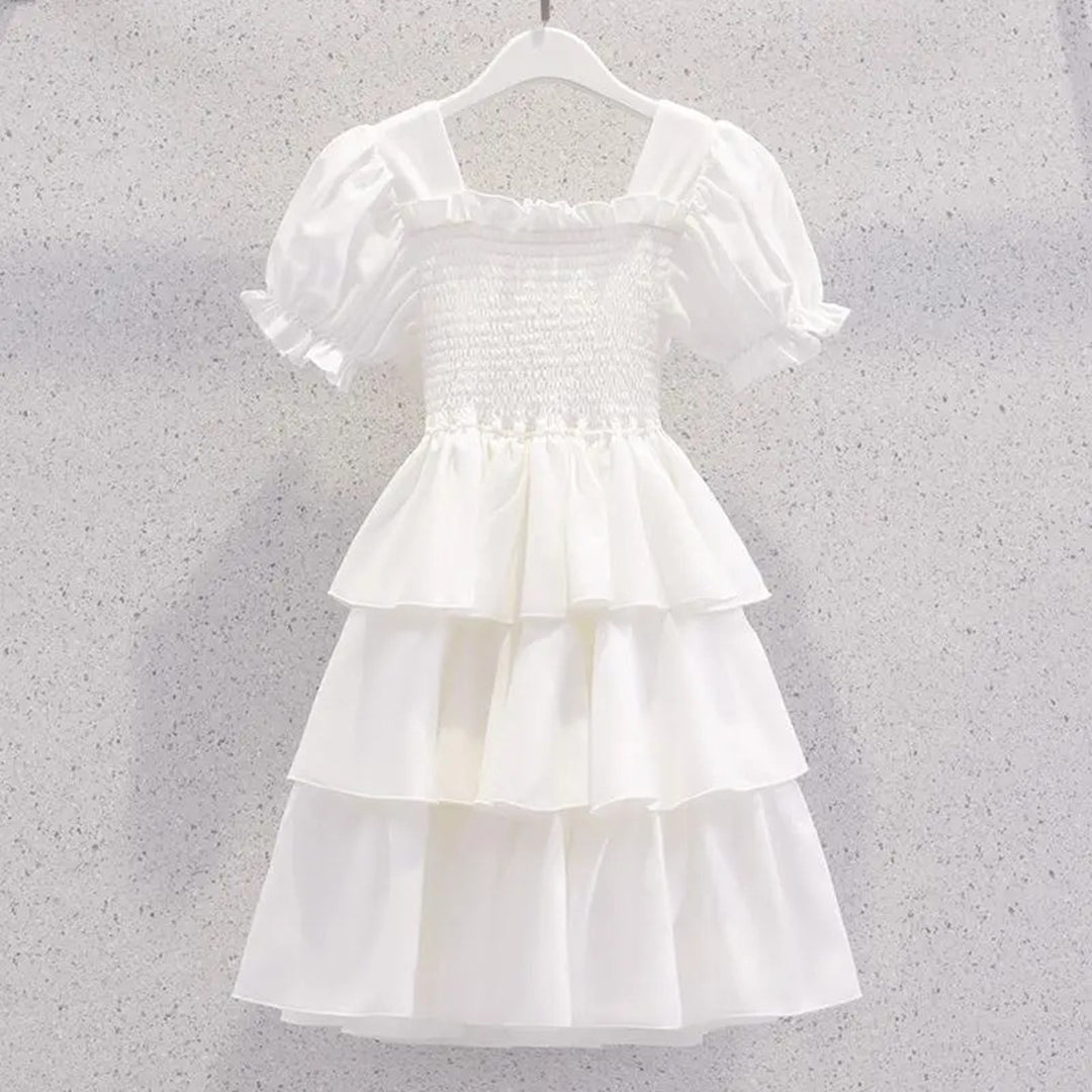 Girls Puff Sleeves Elasticated Smocking Tiered Dress Casual Dresses White 4-5 Y 