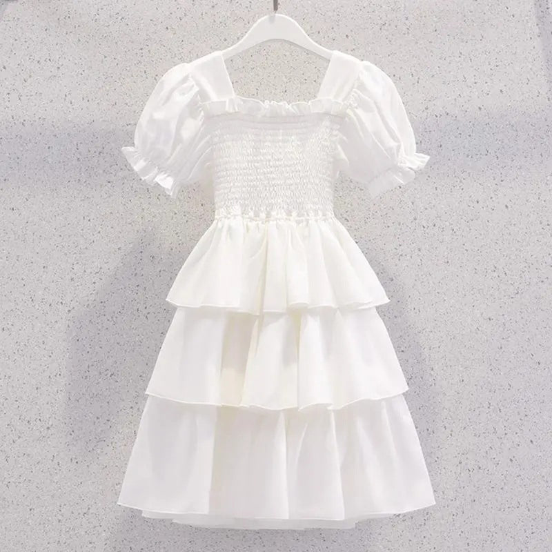 Girls Puff Sleeves Elasticated Smocking Tiered Dress Casual Dresses White 4-5 Y 