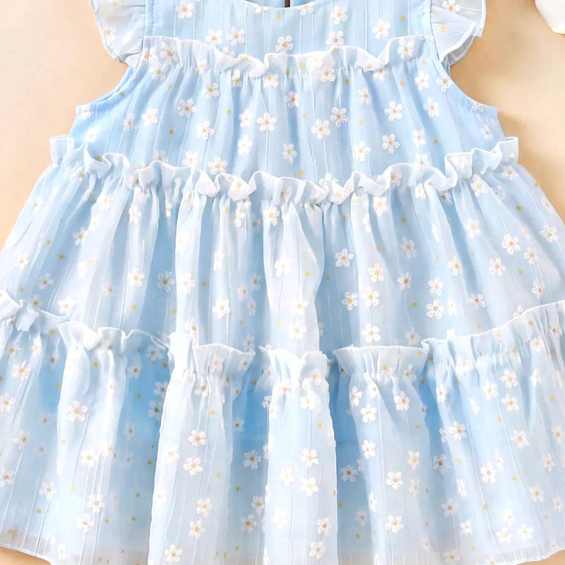 Girls Light Blue Floral Print Bunny Ear Applique Tiered Dress Casual Dresses