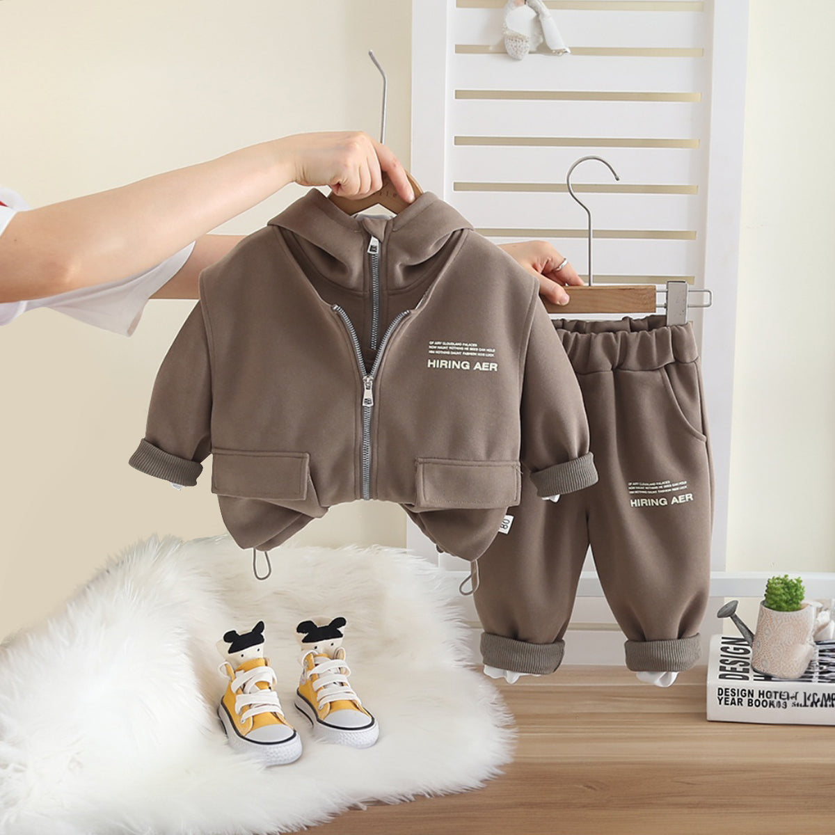 Boys Dark Brown Typographic Printed Hooded Sweatshirt With Sleeveless Jacket and Pants Set 3 pc. Sets Dark Brown 1-2 Y