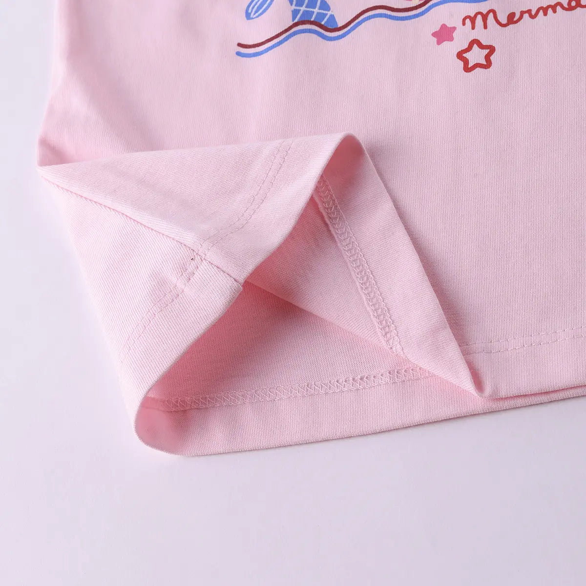 Girls Pink Mermaid Print Short Sleeves Top With Drawcord Shorts Sets Sets
