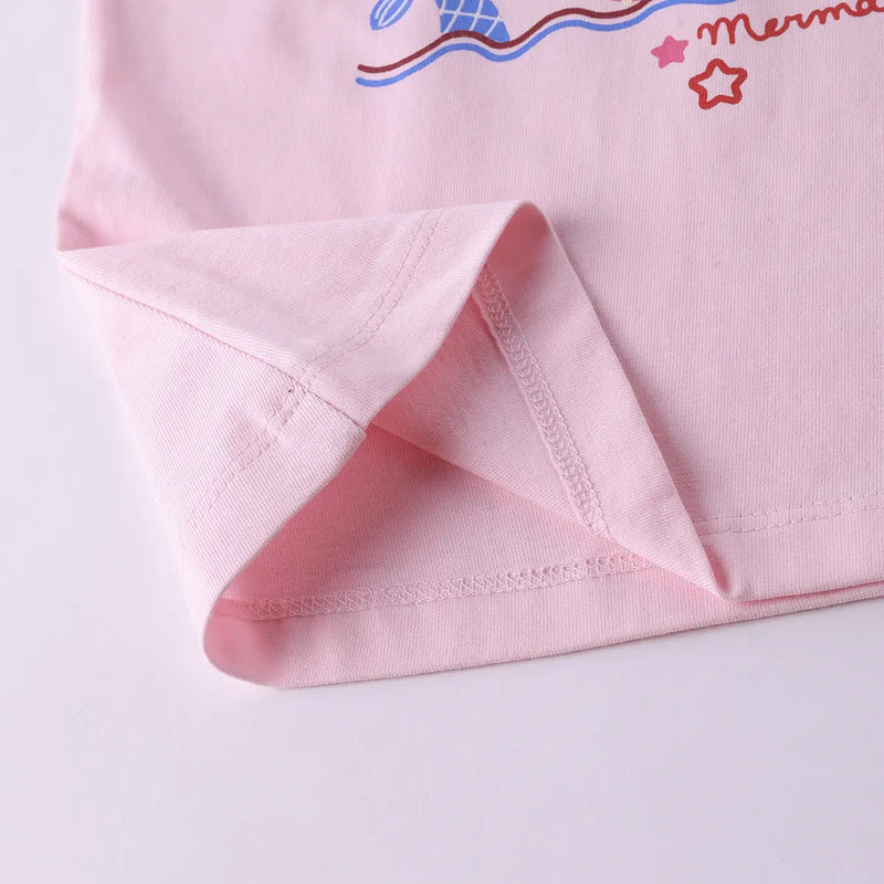 Girls Pink Mermaid Print Short Sleeves Top With Drawcord Shorts Sets Sets