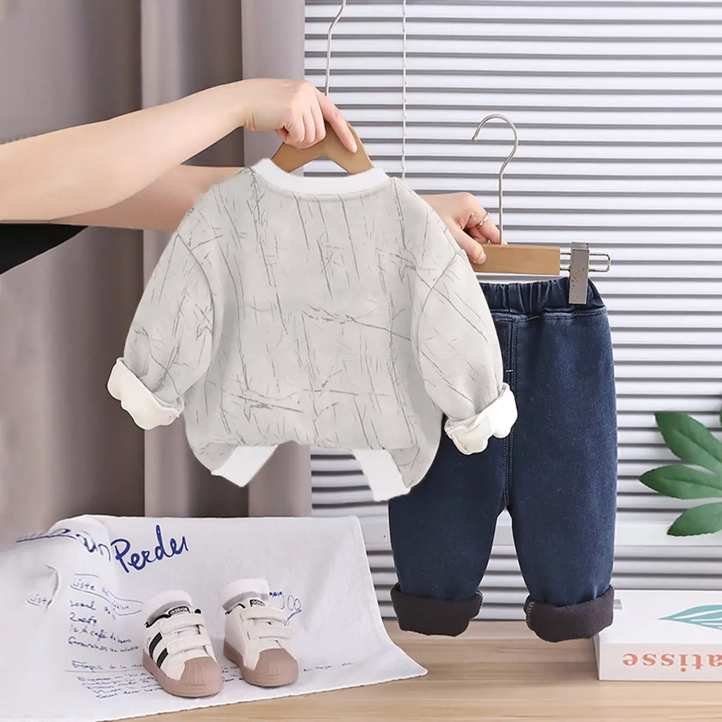 Boys Off White Abstract Printed Sweatshirt With Denim Pants Set Sets