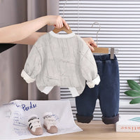 Boys Off White Abstract Printed Sweatshirt With Denim Pants Set Sets