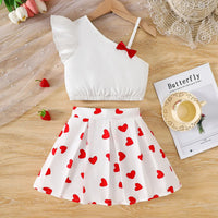 Girls White Heart Print One-Shoulder Top With Elasticated Skirt Sets Sets White 3-4 Y