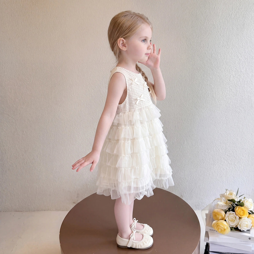 Girls Cream Bow Applique Sleeveless Tiered Dress Casual Dresses