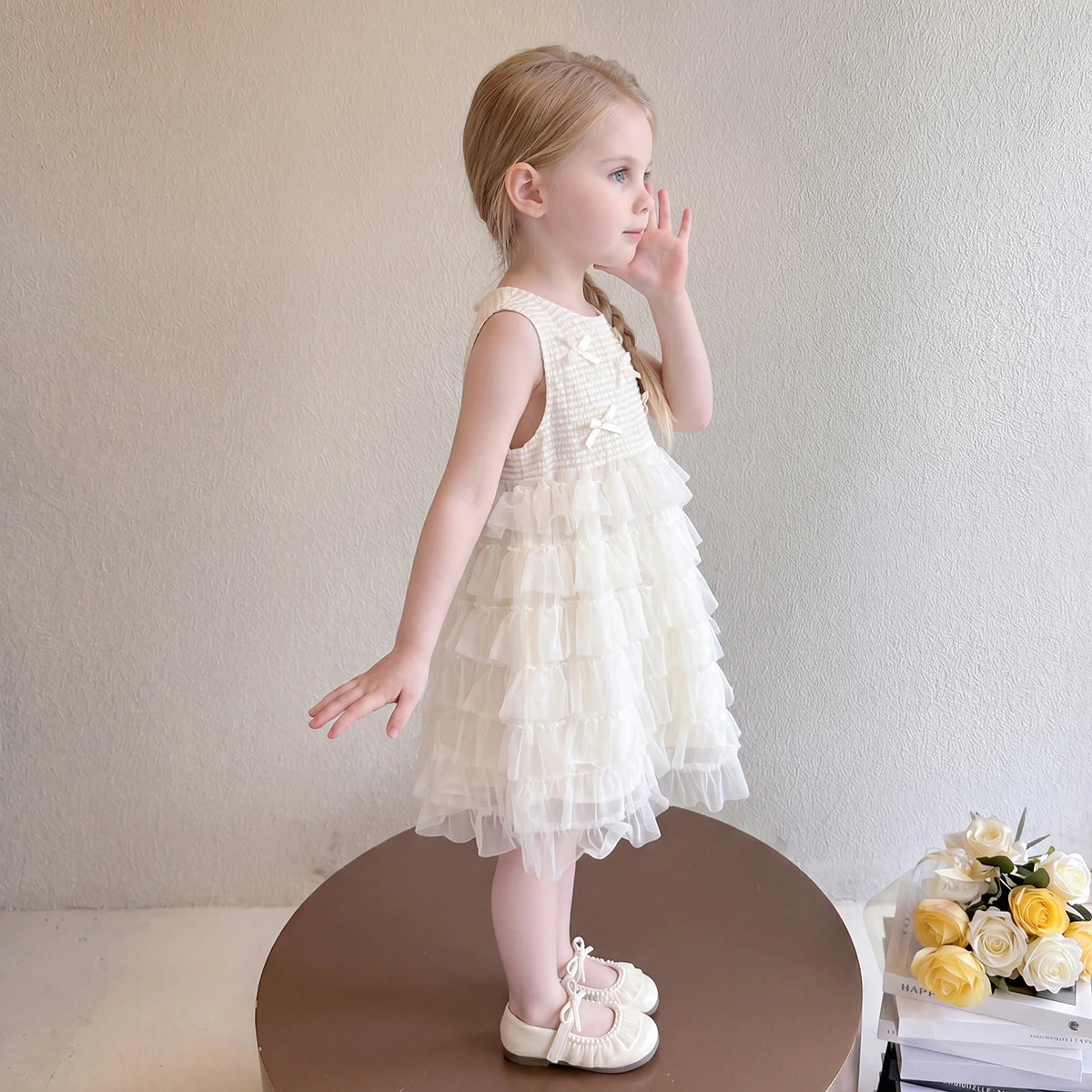 Girls Cream Bow Applique Sleeveless Tiered Dress Casual Dresses