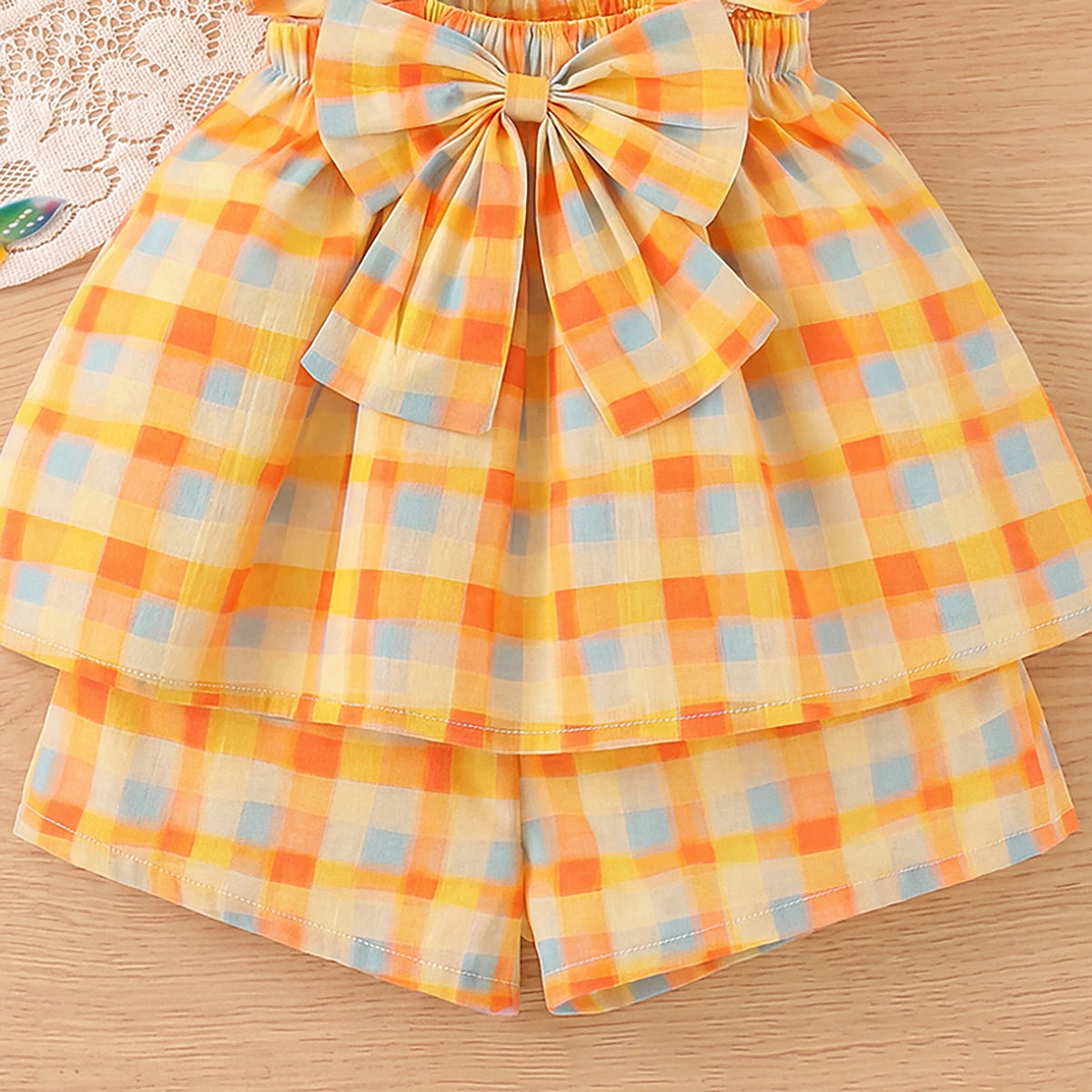 Girls Multicolor Checked Bow Applique Top With Shorts Sets 2 pc. Sets