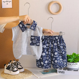 Boys Grey Textured Sleeveless Polo T-Shirt With Printed Shorts Sets Sets Grey 1-2 Y